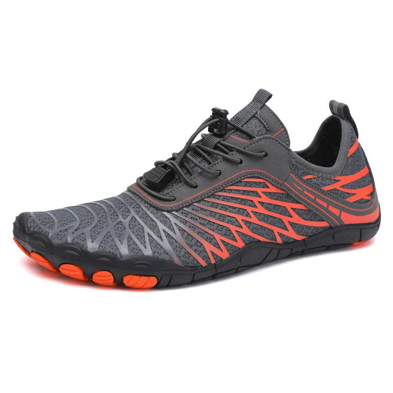 Men's white and black lace-up casual sports shoes with a non-slip rubber outsole on a plain background.