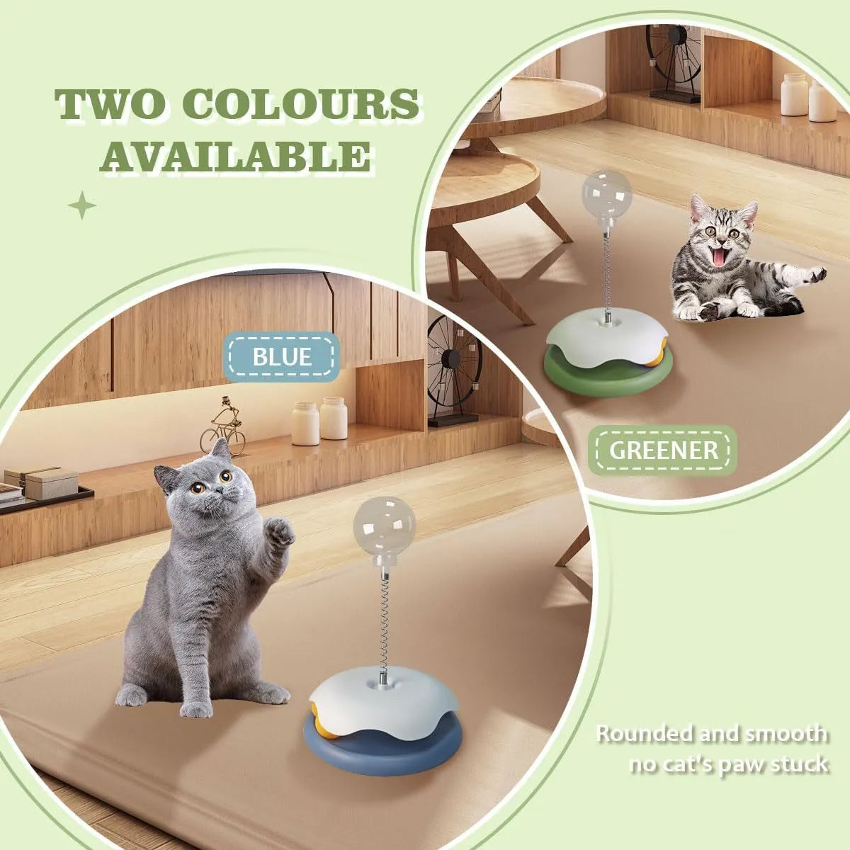 Blue and green non-toxic PP plastic cat treat dispenser toy with track ball, shown dismantled for cleaning