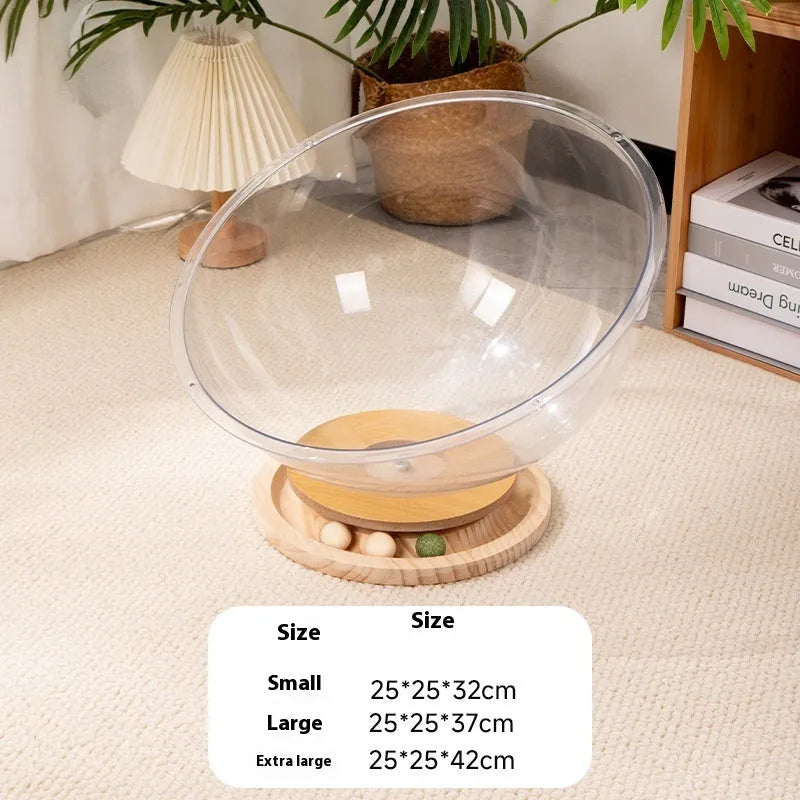 Transparent acrylic cat space capsule bathtub bed with wood board base