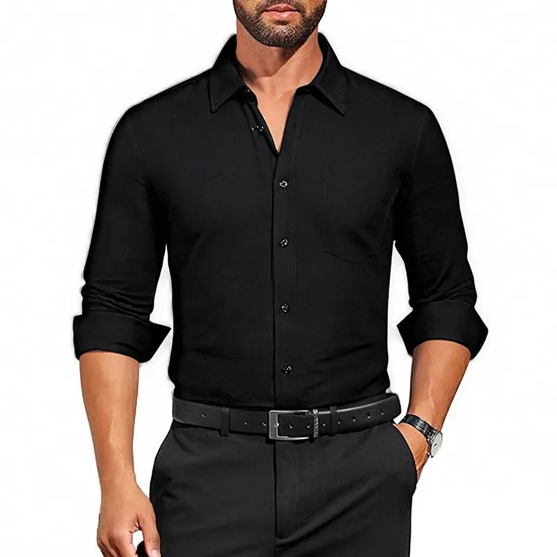 Men's breathable stretch wrinkle-resistant solid colour long sleeve polyester shirt in pearl white