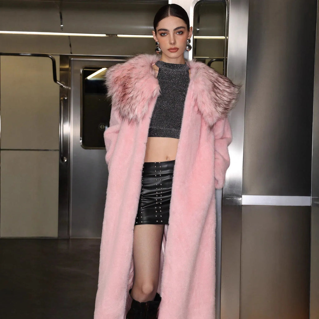 Women's pink plush faux fur long coat with fur collar, full-length 80cm design