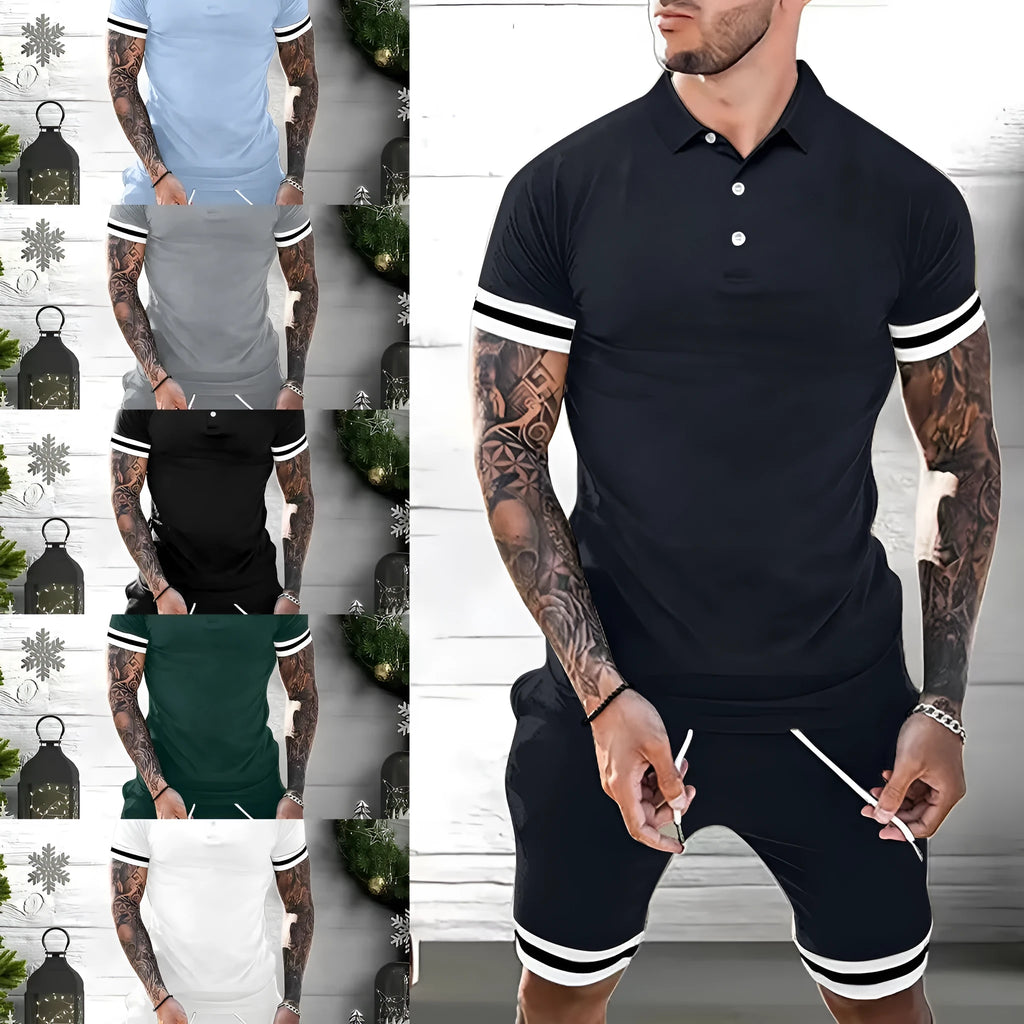Men's two-piece short set with short-sleeve polo shirt and matching shorts in six colours and sizes M to 3XL