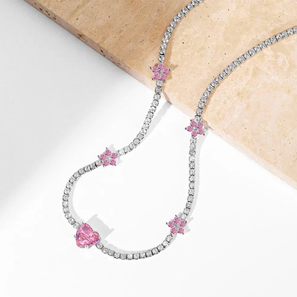 Women's 925 sterling silver tennis necklace with heart-shaped pendant and electroplated finish