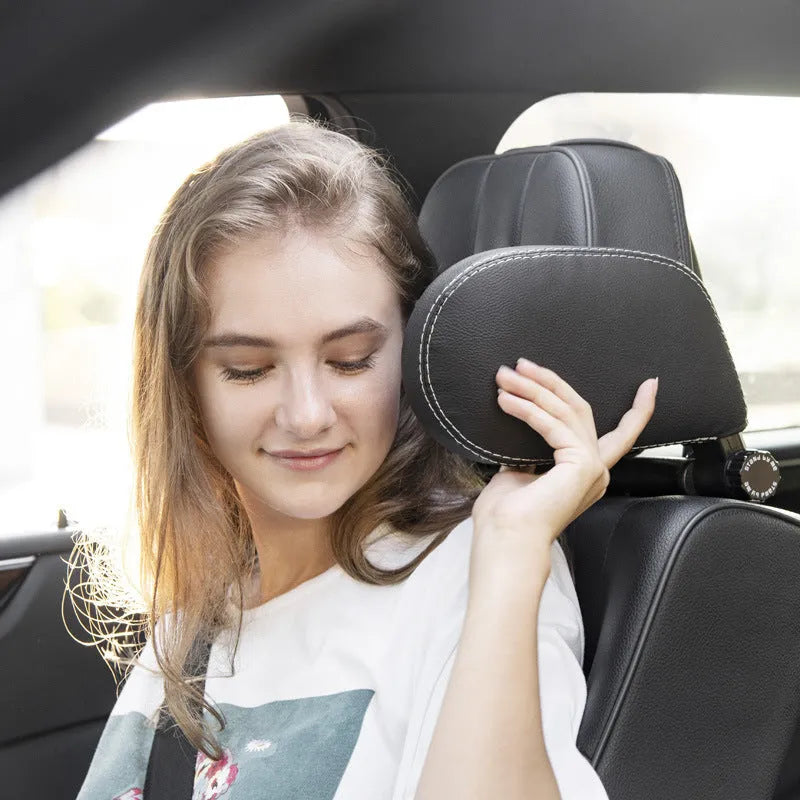 PU leather car headrest pillow with adjustable side support, 14x14cm, universal fit for car seats with 10-18cm headrest rod distance