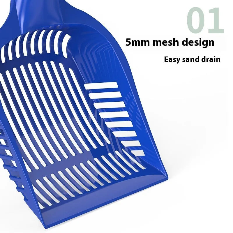Plastic cat litter scoop in blue, red, or yellow colours showing small and medium size options