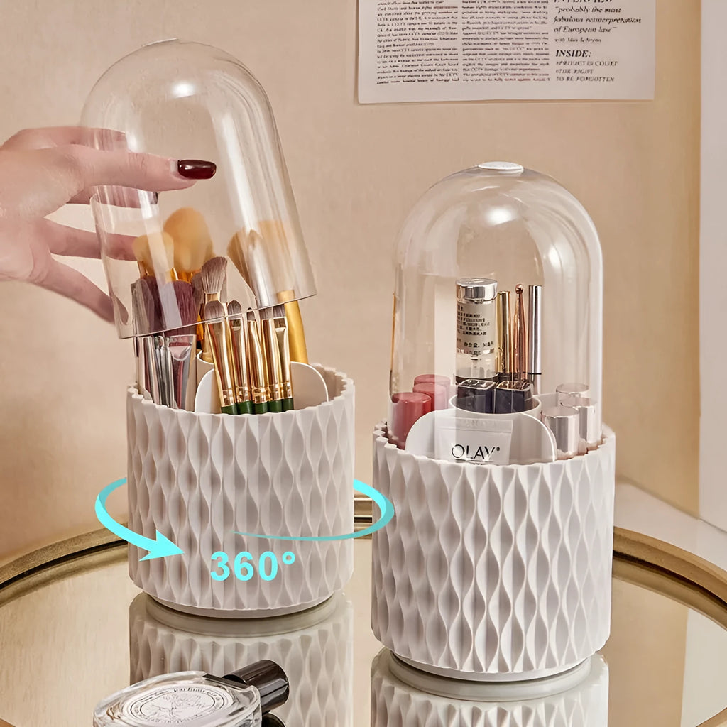 White rotating transparent acrylic makeup brush holder with dust-proof lid on desktop