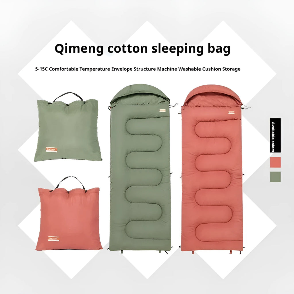 Outdoor cotton sleeping bag quilt shown in ochre and olive green colours, folded to show its ultra-light portable design.