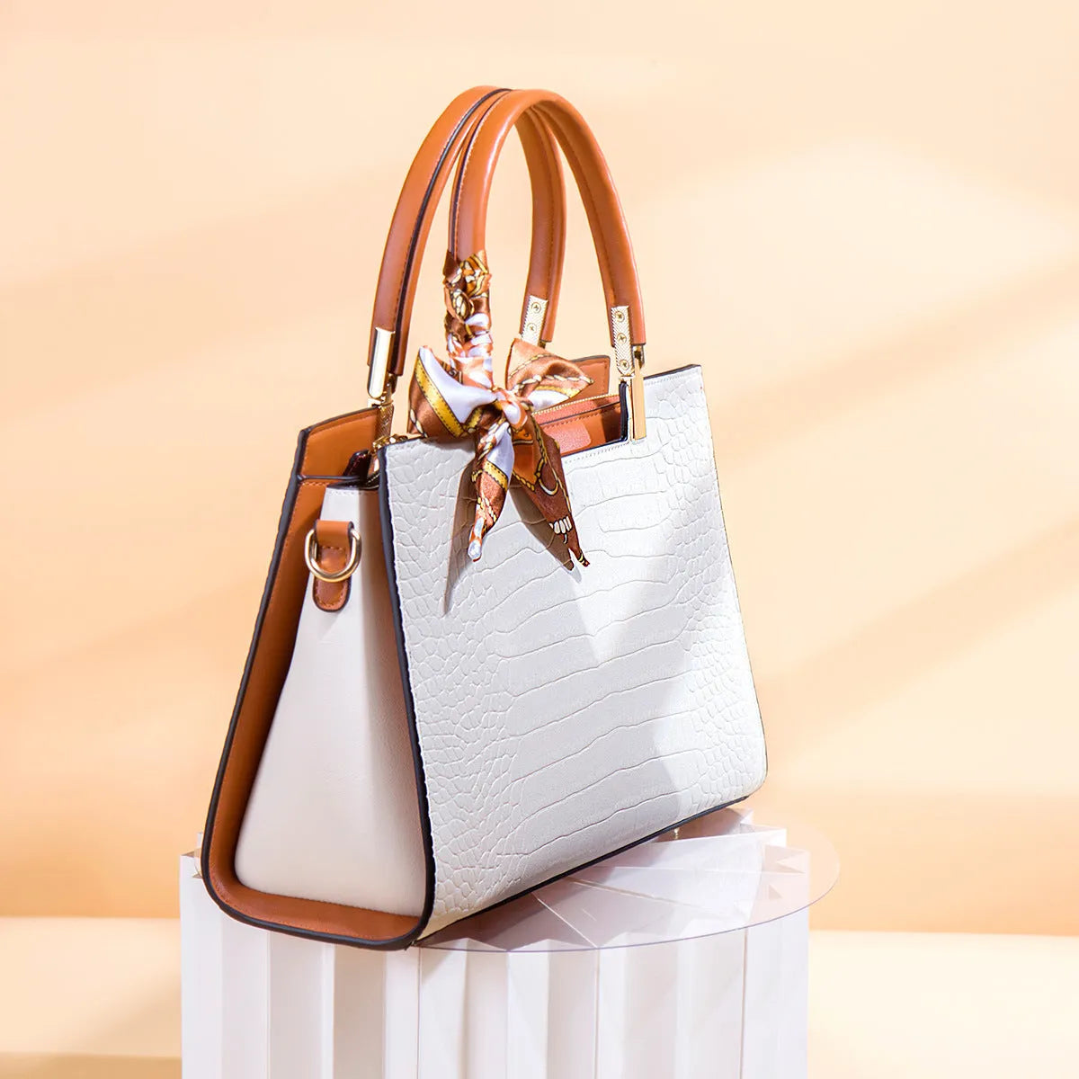 Milk white women's PU shoulder handbag with horizontal square shape and sewing line detail.
