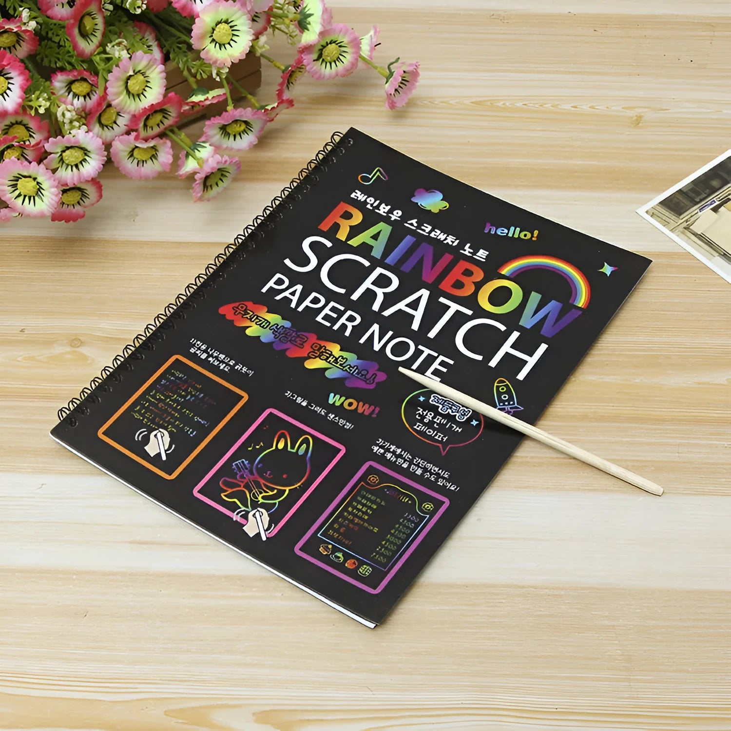 Large 26x19cm children's scratch art paper with colourful rainbow patterns for DIY painting