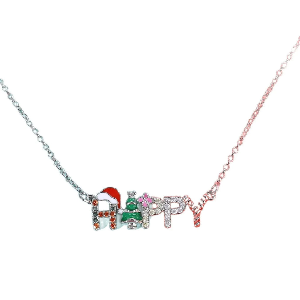 Santa Christmas Tree letter strings necklace with HAPPY text on alloy pendant regular chain