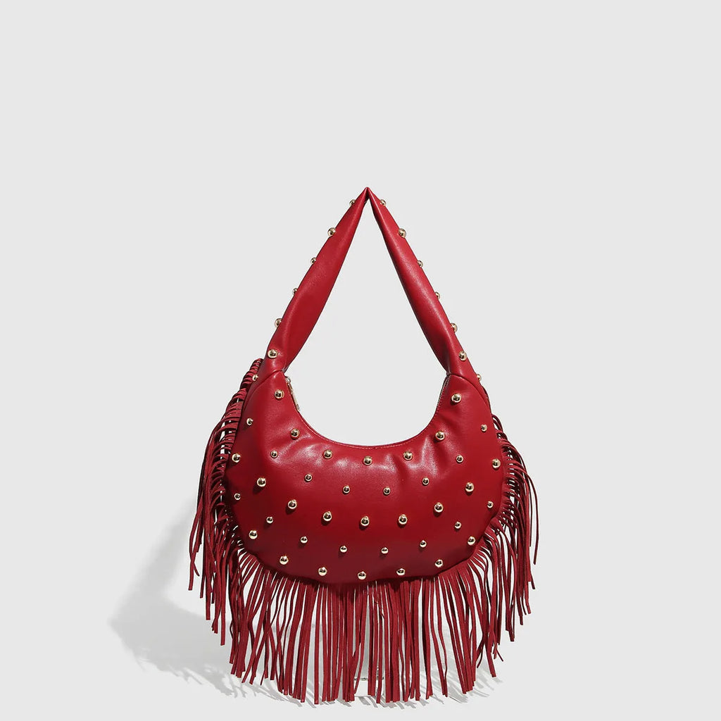 Retro personalised tassel shoulder handbag in black or wine red with internal phone compartment