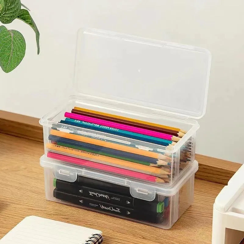 PP plastic transparent stationery storage box showing capacity for pencils and art supplies
