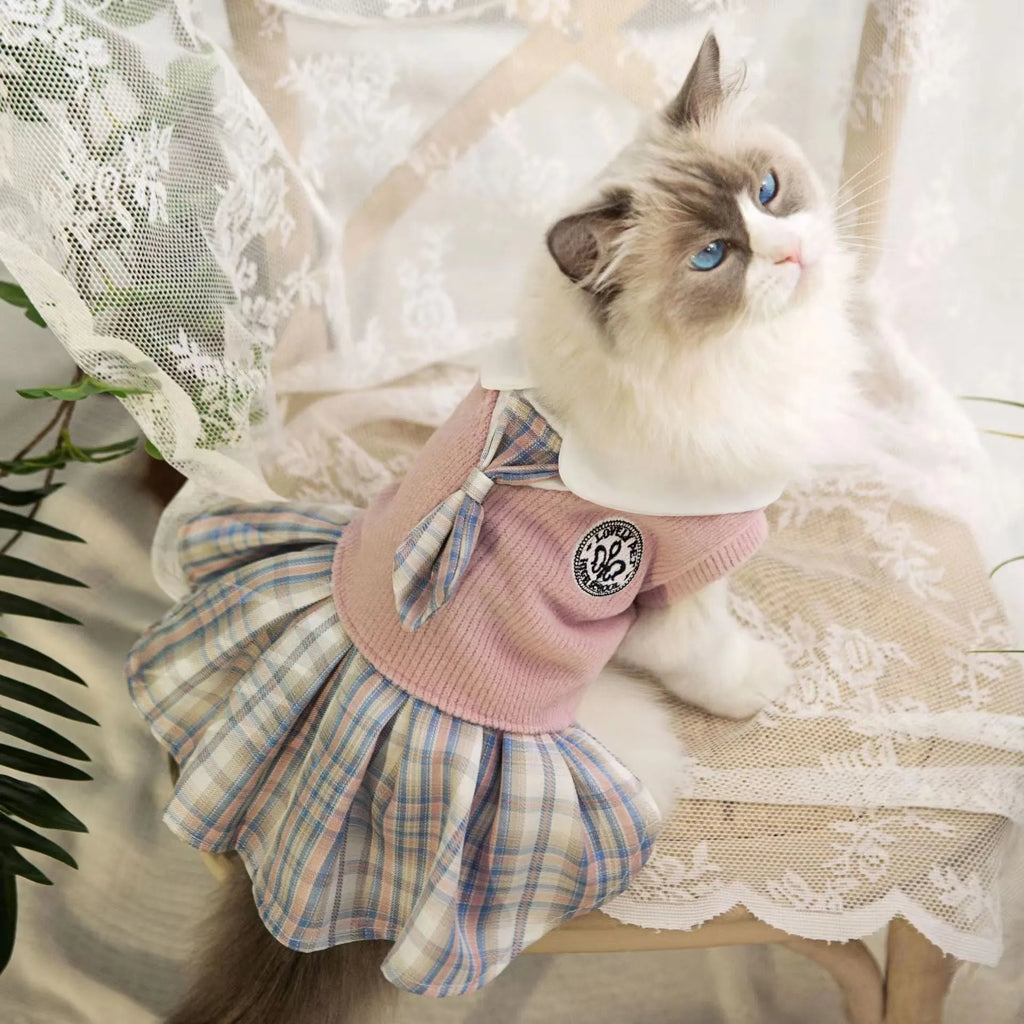 Blue tartan princess-style skirt for dogs and cats on a mannequin