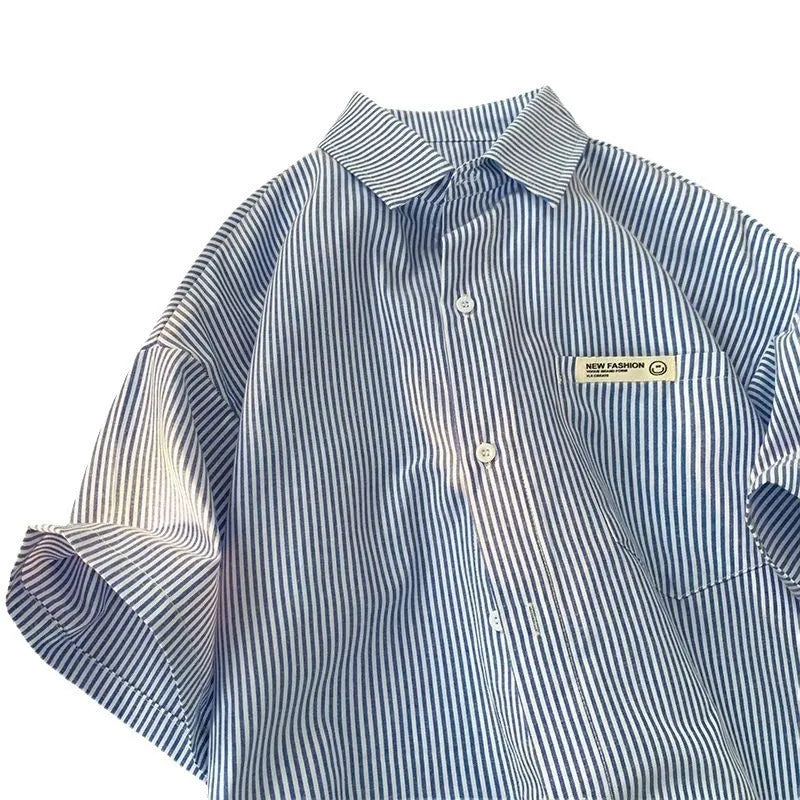 Loose blue and green striped half sleeve casual shirt with cardigan-style front