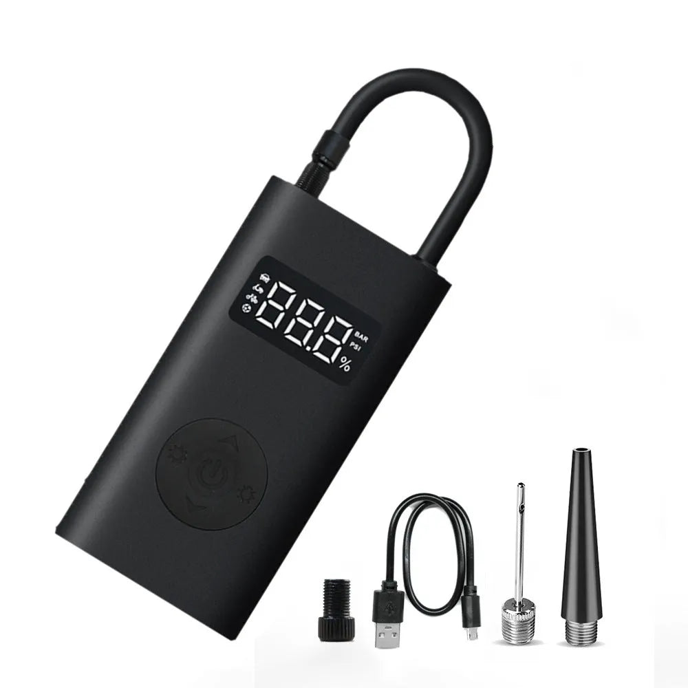 Black wireless cordless car air pump with USB charging, 150psi, 25L/min, 2000mAh, and LED light