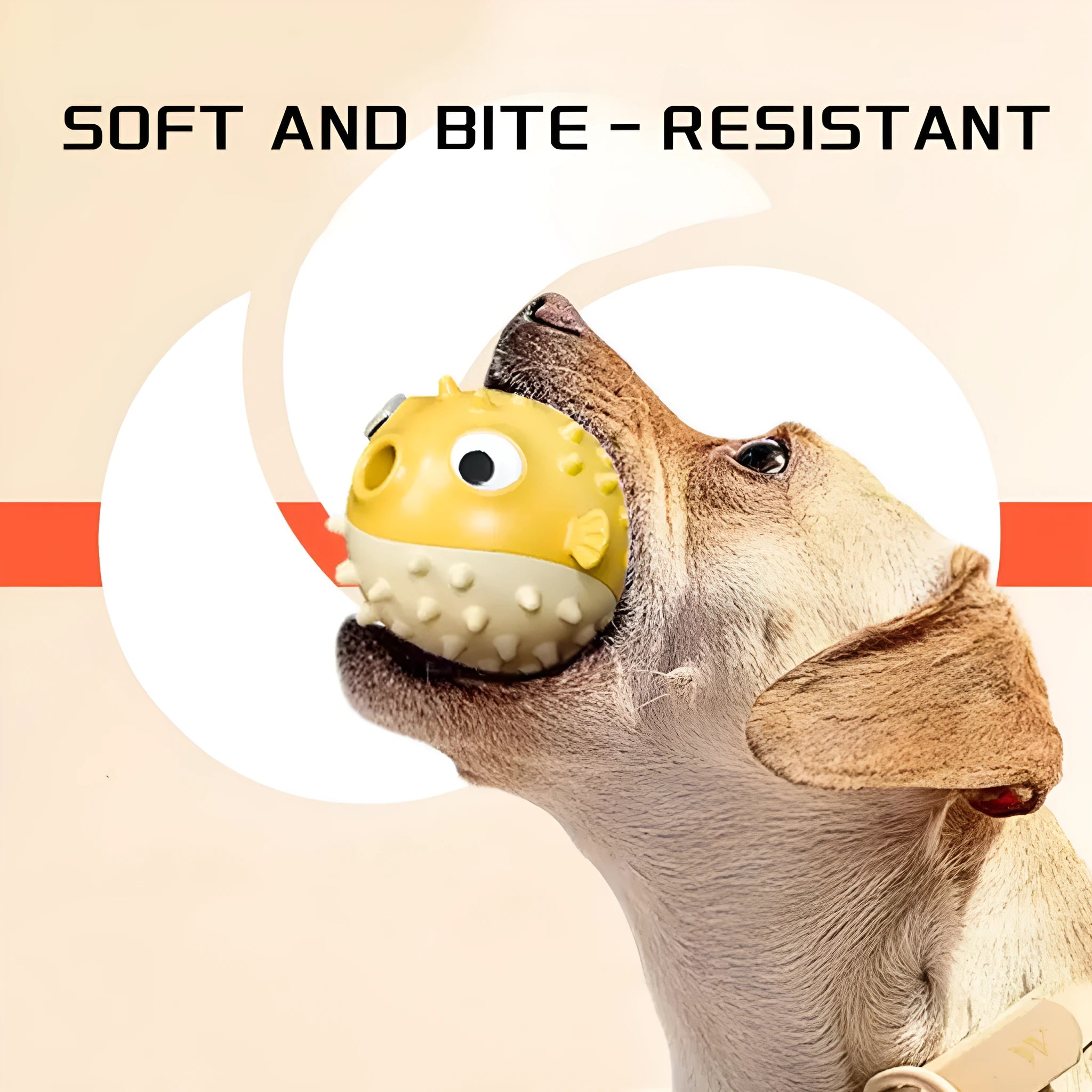 Yellow vinyl fish-shaped dog chew toy with textured surface and squeaker inside.