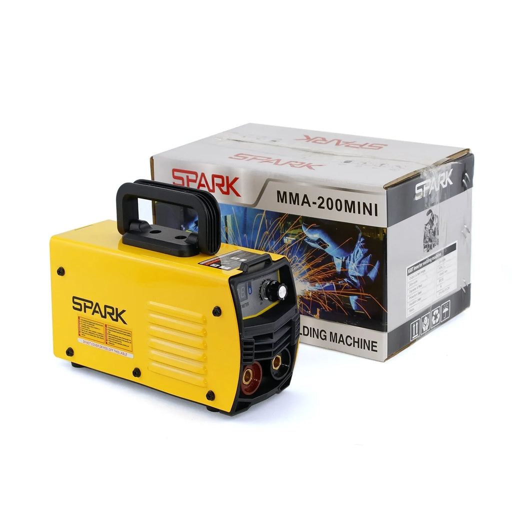 MMA-200MIN compact DC inverter welding machine with red housing, welding tongs, ground clamp, and face shield on a workbench.
