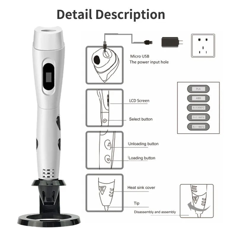 White 3D printing pen with USB cable and PLA filament roll for creative drawing