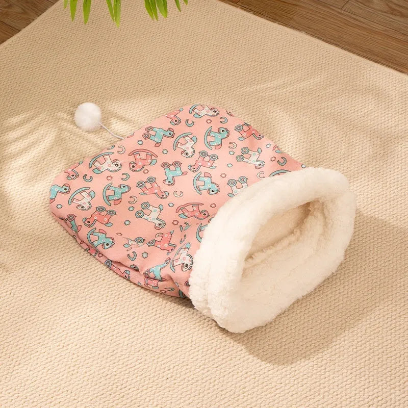 Pink Trojan design flannel cat sleeping bag nest measuring 50cm by 40cm