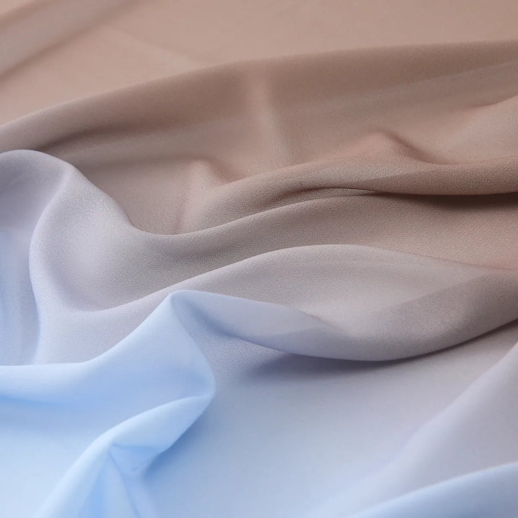 Long lightweight chiffon scarf with bubble towel texture draped over a mannequin, showing its length and soft drape.