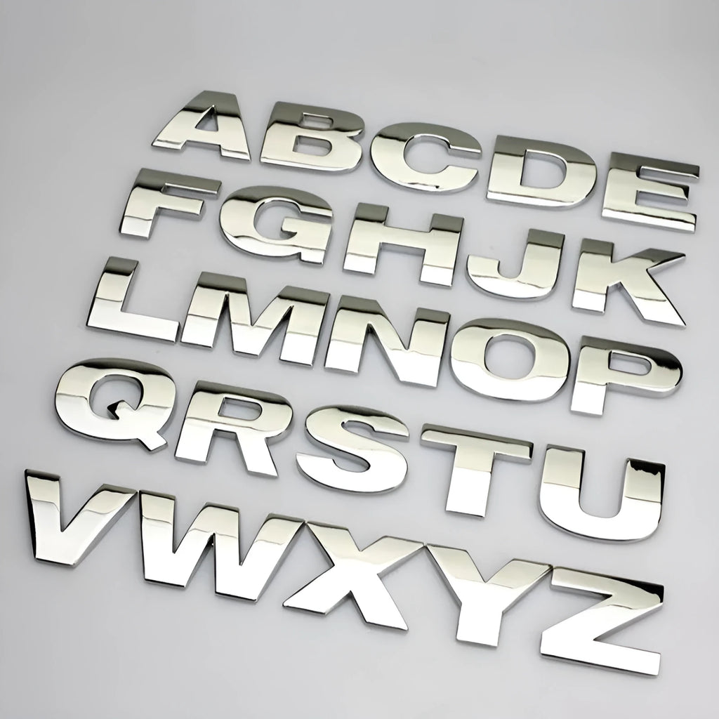 3D metal car bumper stickers showing individual zinc alloy letters in silver and black finishes