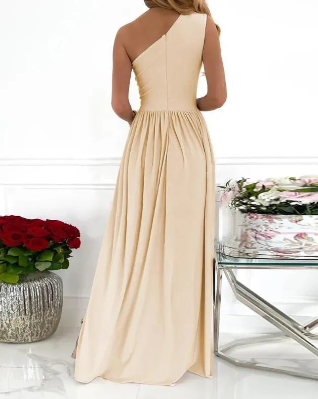 Women's one-shoulder cocktail maxi dress with high side split and sleeveless cutout in soft fabric
