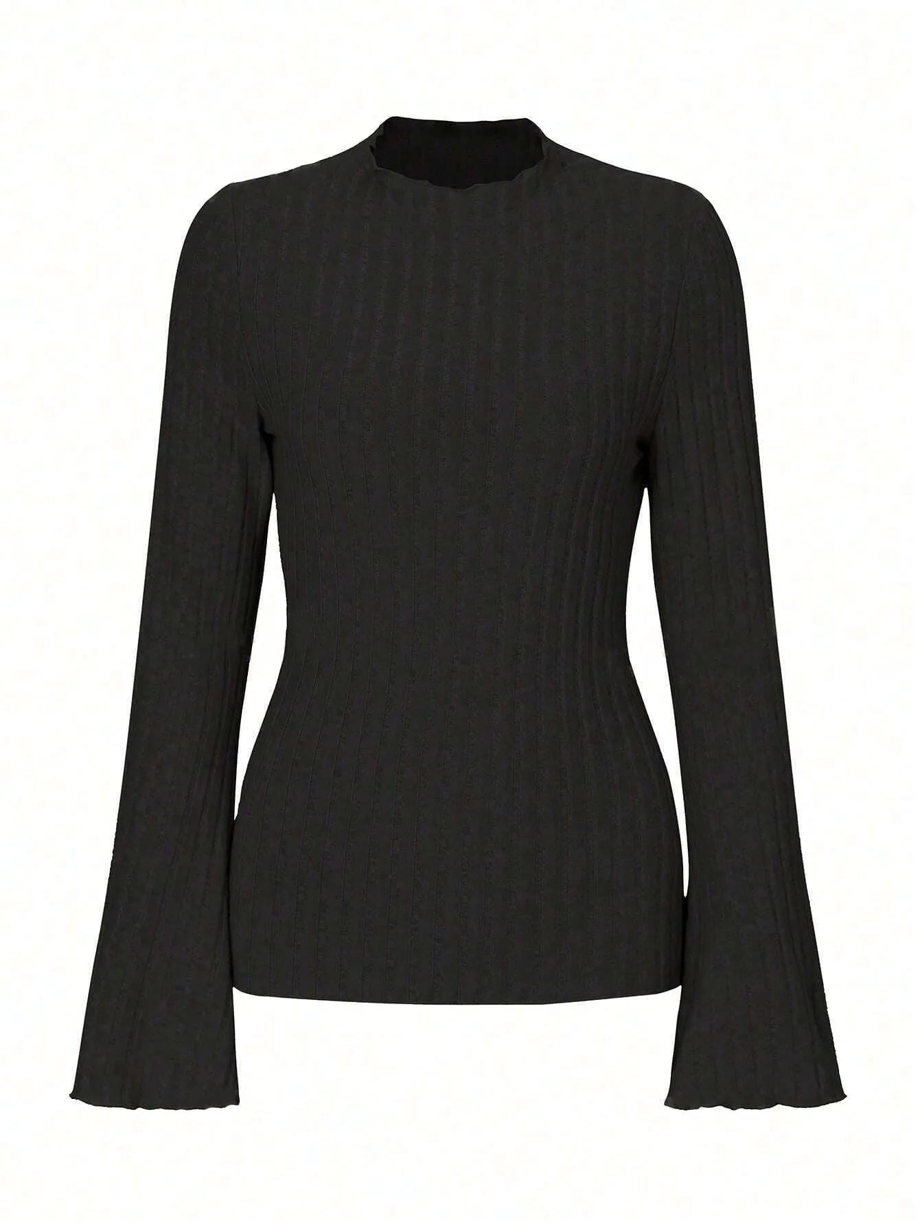 Long sleeve round neck polyester top with sunk stripe texture in black colour
