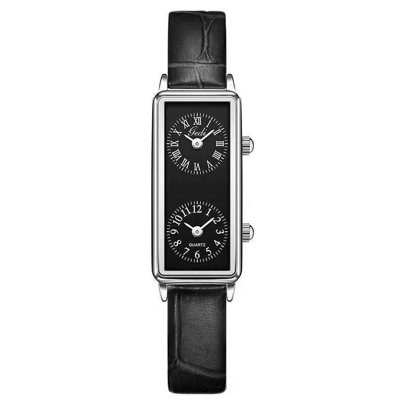 Women's double time zone quartz watch with retro rectangular case, double inserts, and 8.6mm thickness in silver or gold