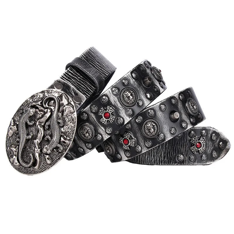 Men's leather belt with punk rivet details in retro colours with alloy buckle