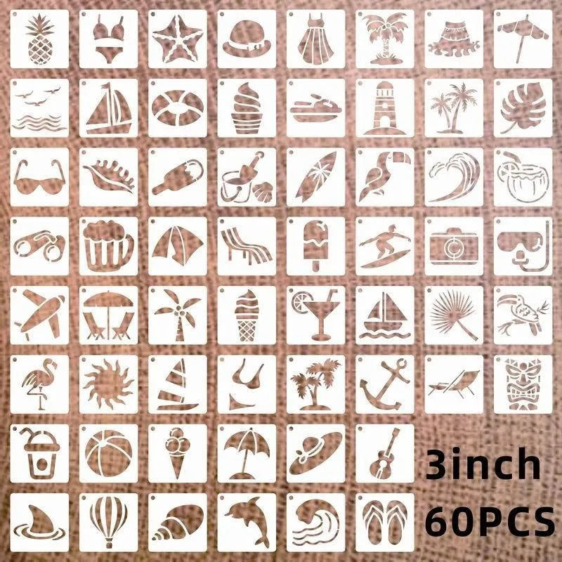 Milky white PET film spray painting stencils showing animal, floral, and letter design templates.