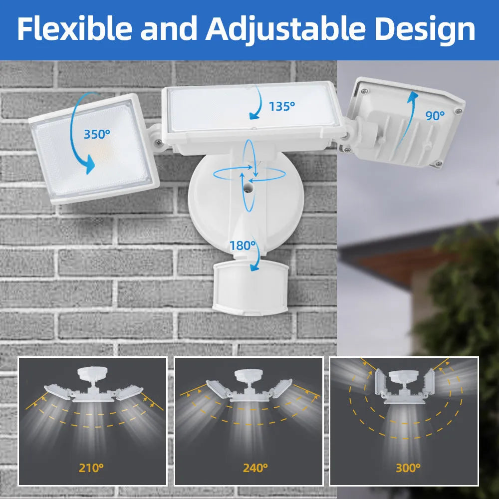 White and black 120V LED human induction security flood light for wall or ceiling mounting.
