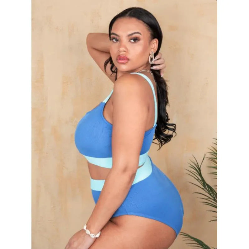 A women's high-waist bikini swimsuit set in a solid colour, made from polyester fabric.