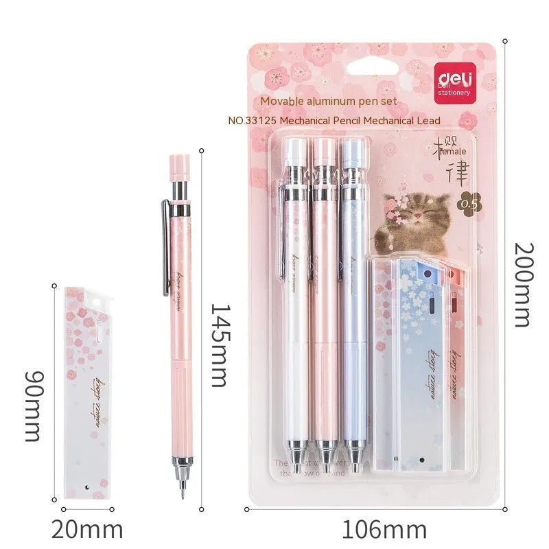 Mixed colour cartoon style 0.5mm automatic pencil set with three pencils and three boxes of HB refills.
