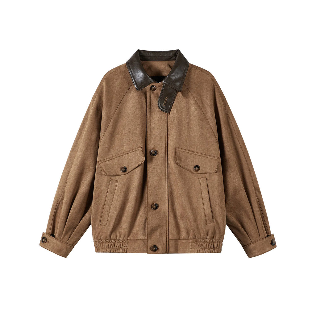 Men's retro suede stitching tooling polo collar jacket in black, long sleeve, no hood, front view