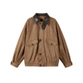 Men's retro suede stitching tooling polo collar jacket in black, long sleeve, no hood, front view