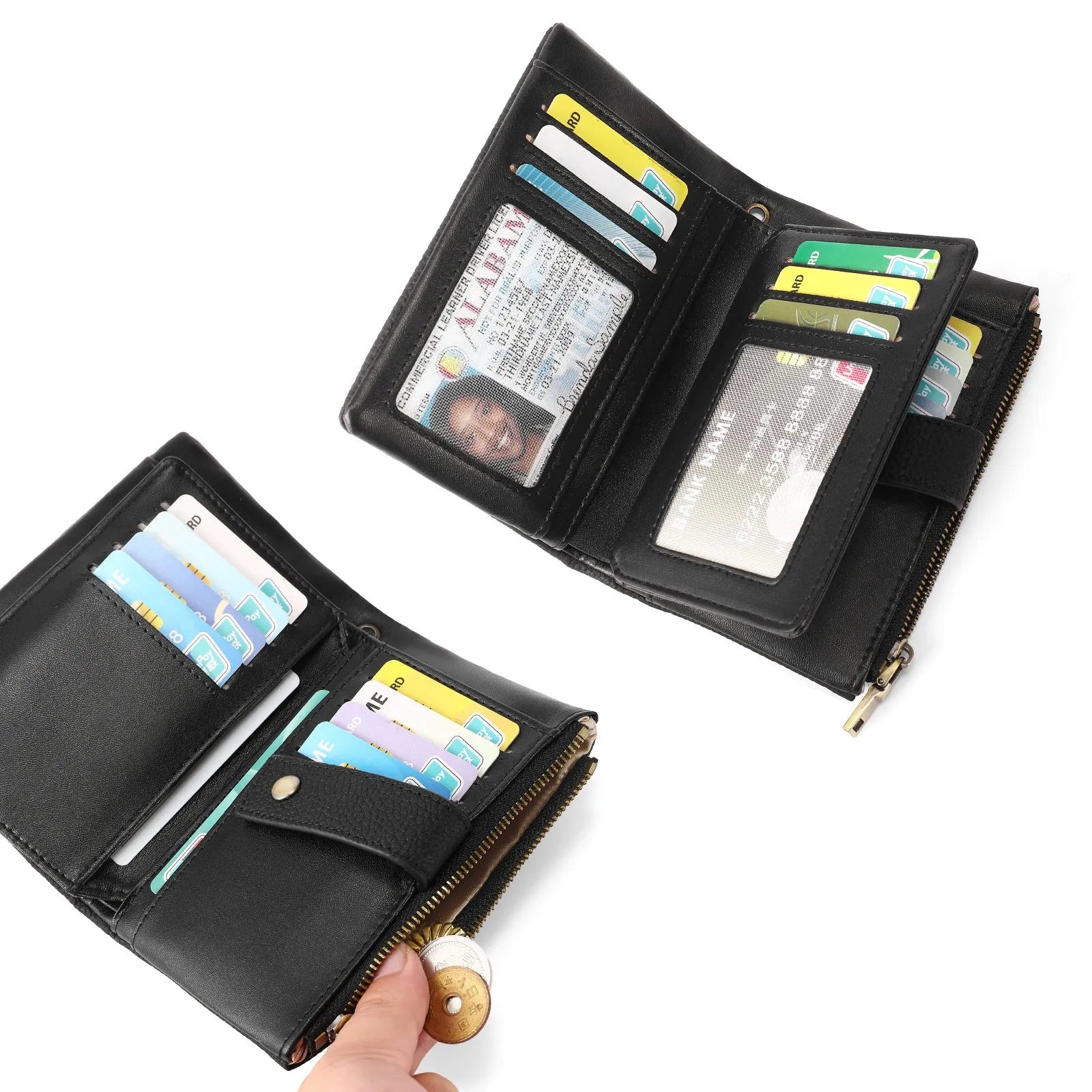 Women's genuine leather anti-theft zipper wallet clutch in midnight black with gift box