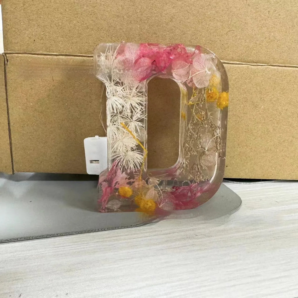 Transparent resin night light ornament with letter flower design, 15cm square, multiple colour options