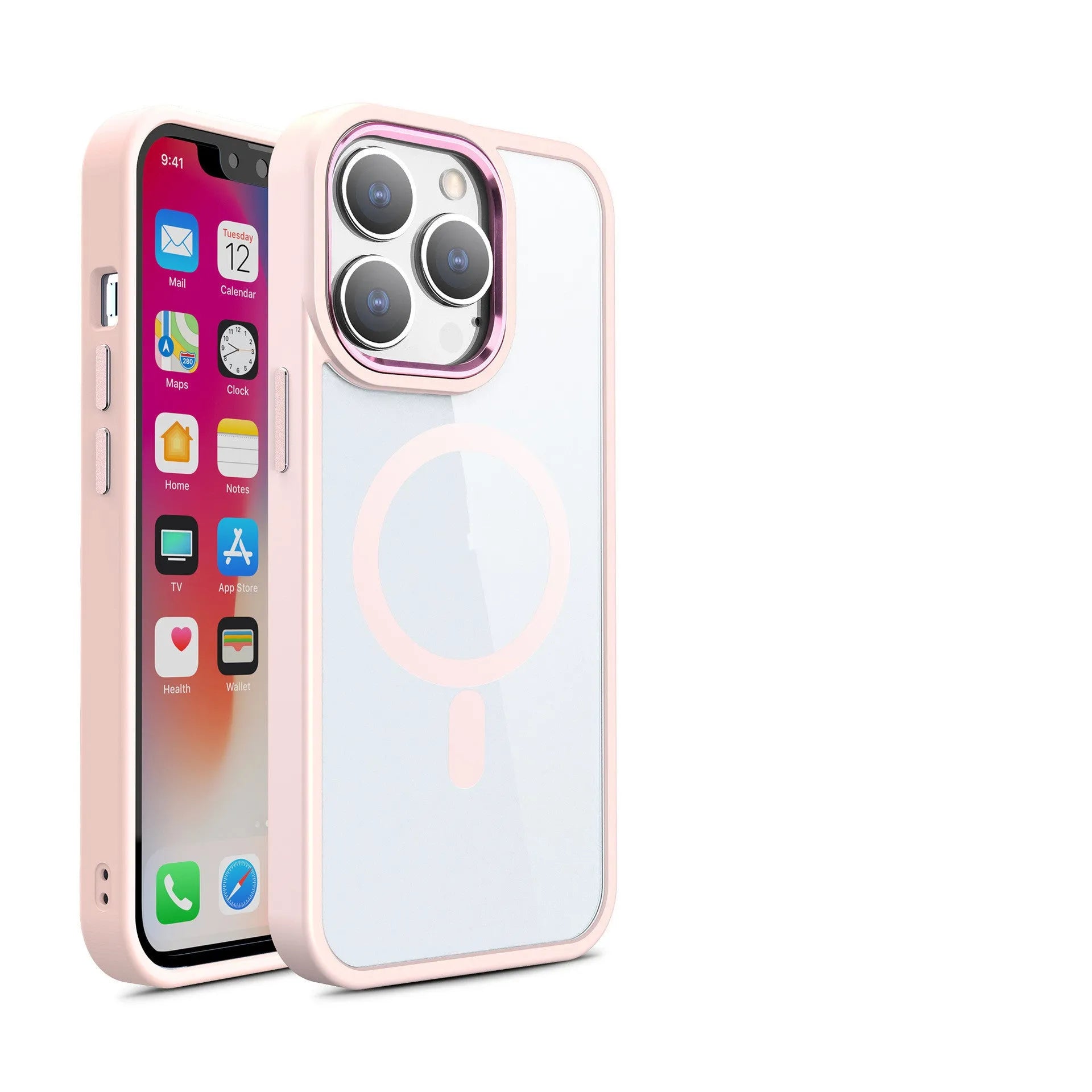 Transparent magnetic iPhone case showing MagSafe compatibility with solid silicone colour options