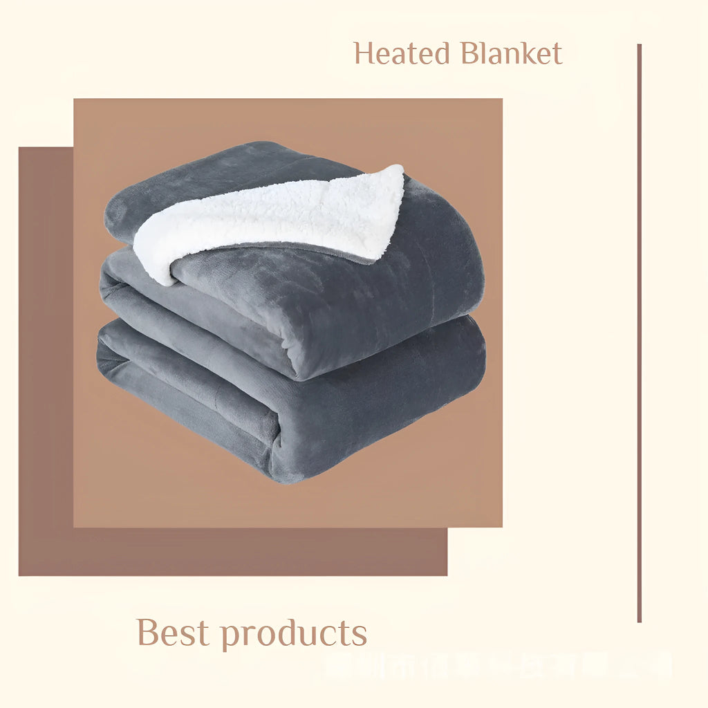 Grey, brown and white USB electric heating blanket with intelligent temperature controls on soft flannel fabric.