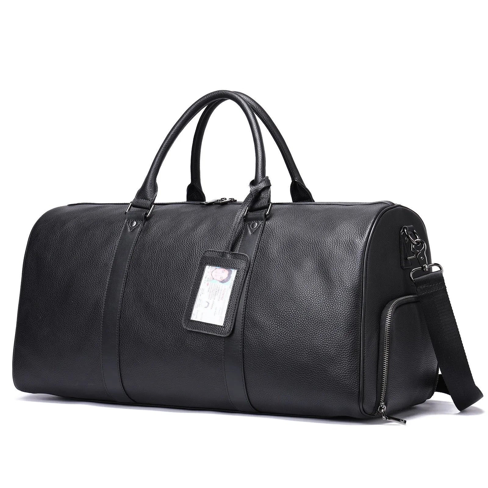 Men's black leather tote bag with single strap showing top-layer cowhide texture and generous capacity