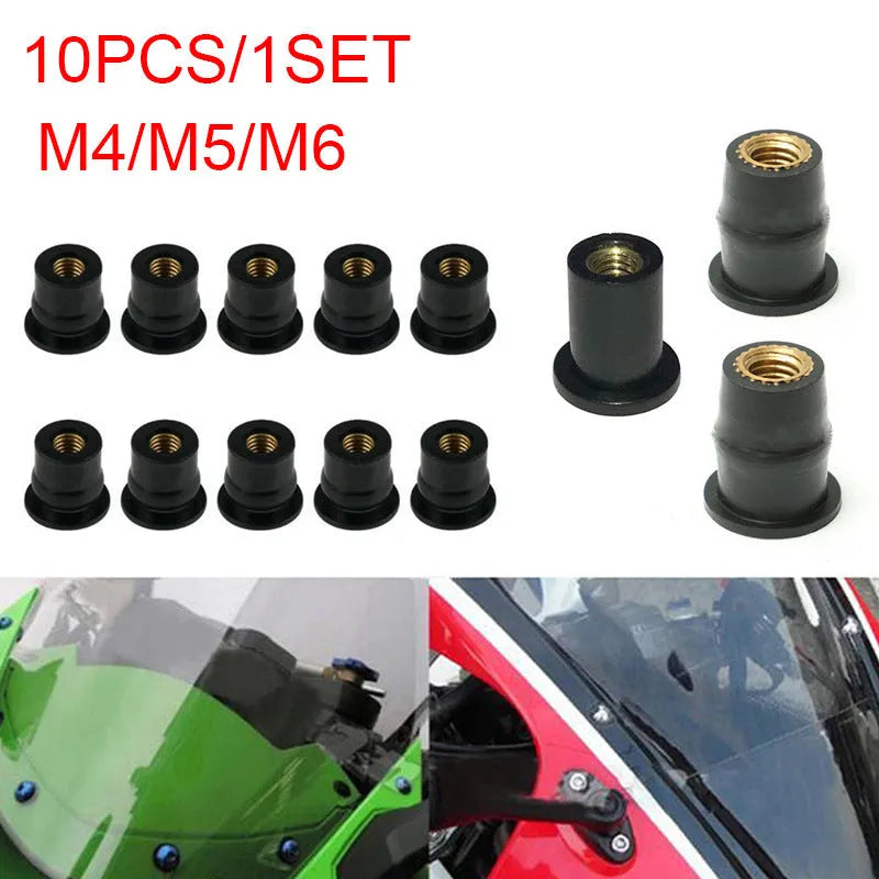 Set of black rubber brass expansion well nut fasteners for motorcycle windshield mounting