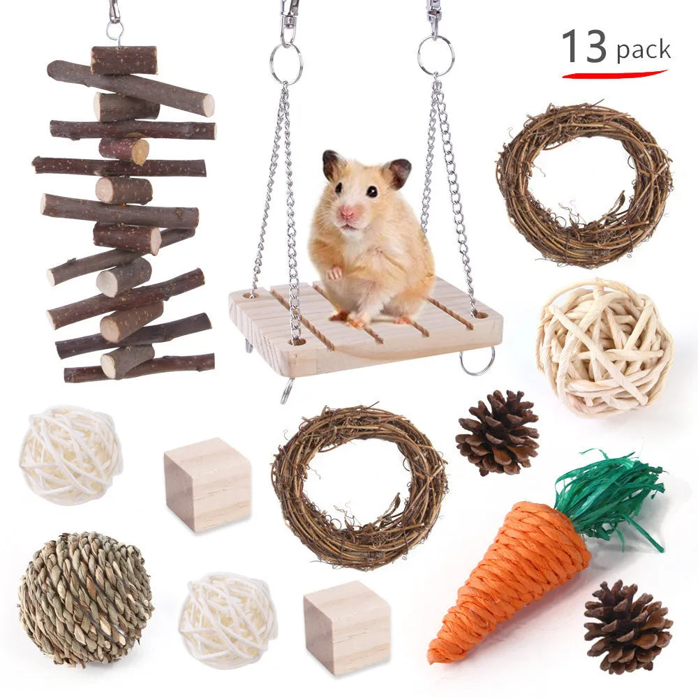 Wooden toy combination set for rabbits, guinea pigs, and parrots with straw mattress and natural material balls