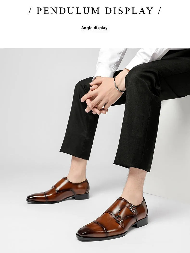 Men's black leather business shoes with square toe and rubber soles in British gentleman style