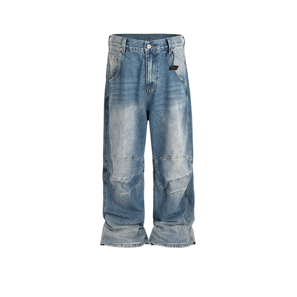 Men's washed white blue baggy straight-leg jeans with zip fly on mannequin