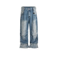 Men's washed white blue baggy straight-leg jeans with zip fly on mannequin