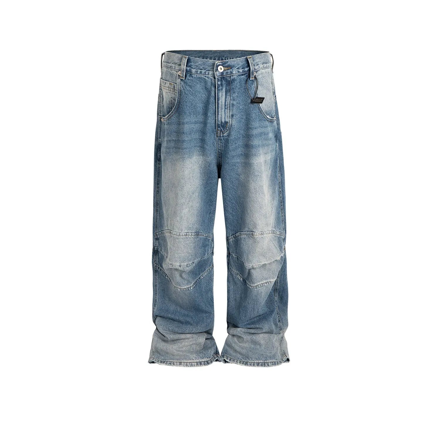 Men's washed white blue baggy straight-leg jeans with zip fly on mannequin