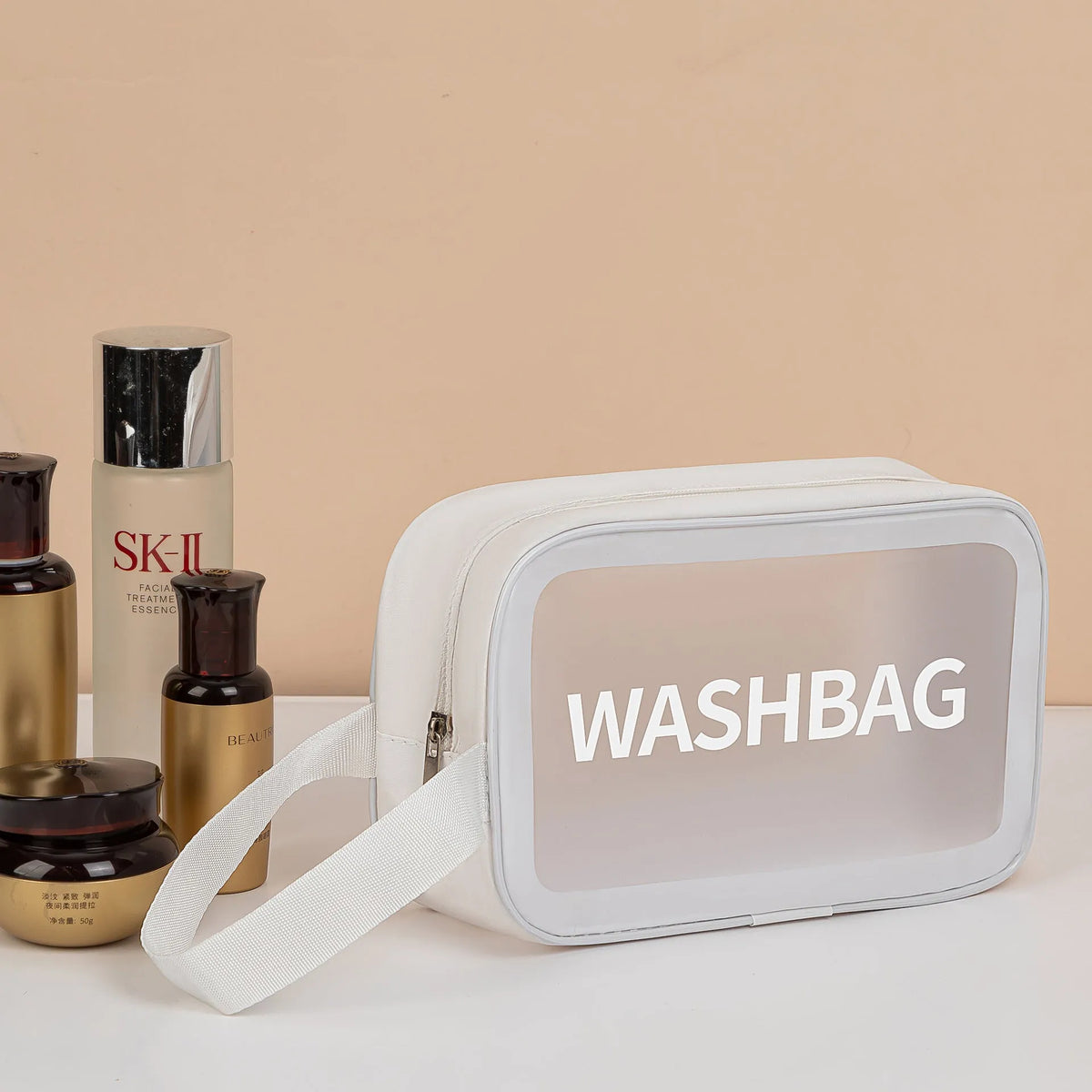 3-piece PVC wash bag set in transparent waterproof material, large medium and small sizes, beige black blue pink white