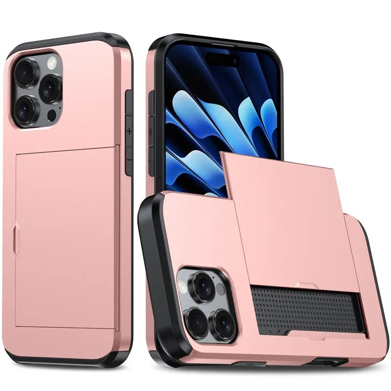 Two-in-one mobile phone case with sliding card holder for iPhone 16, TPU PC anti-drop protective case, available in Black