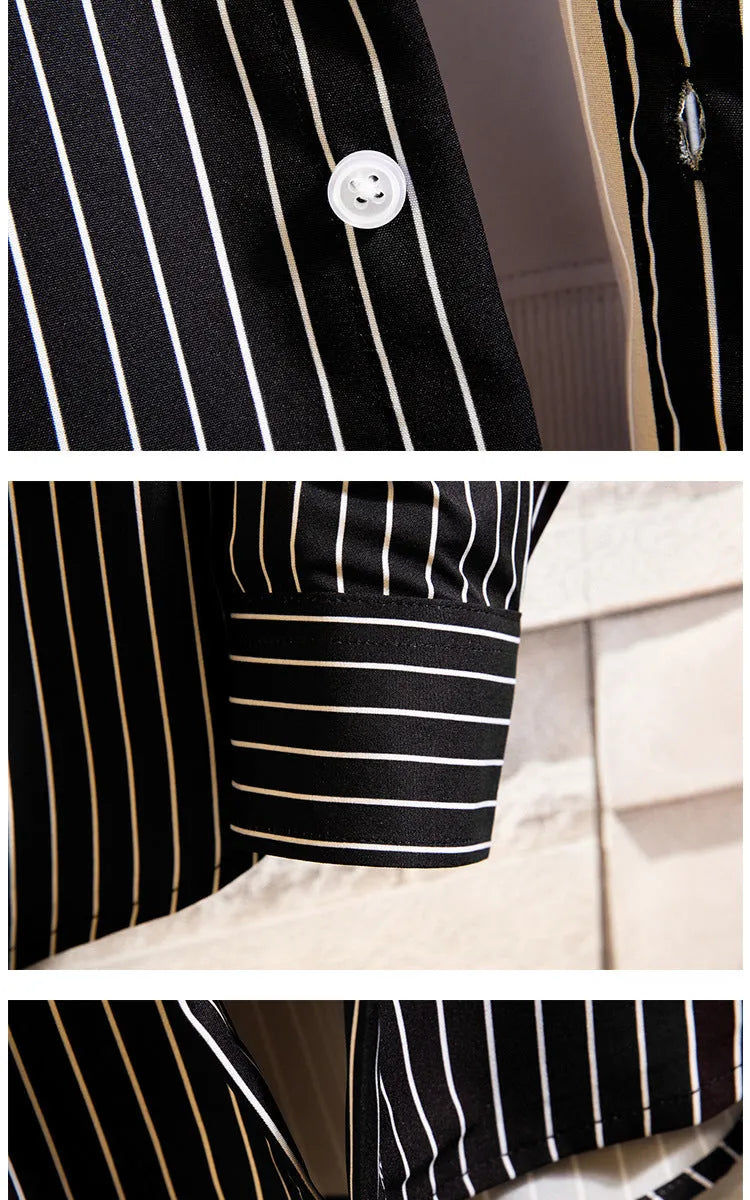 Men's casual striped polyester slim fit cardigan with pointed collar in black and red