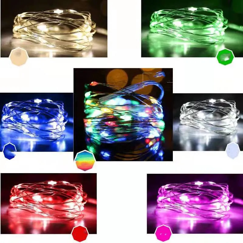 Close-up of flexible copper wire fairy lights with warm white LEDs wrapped around a wooden banister